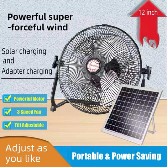 12” Portable Solar Rechargeable Fan W/Solar Panel & AC Charger