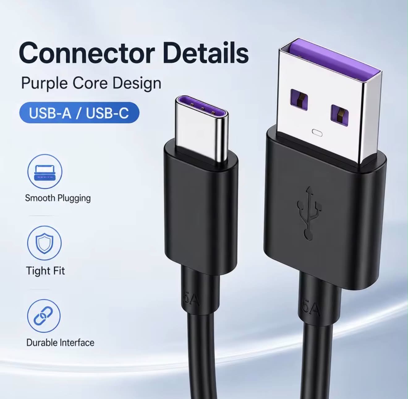 6PK USB A to USB C PVC Purple Charging Cable