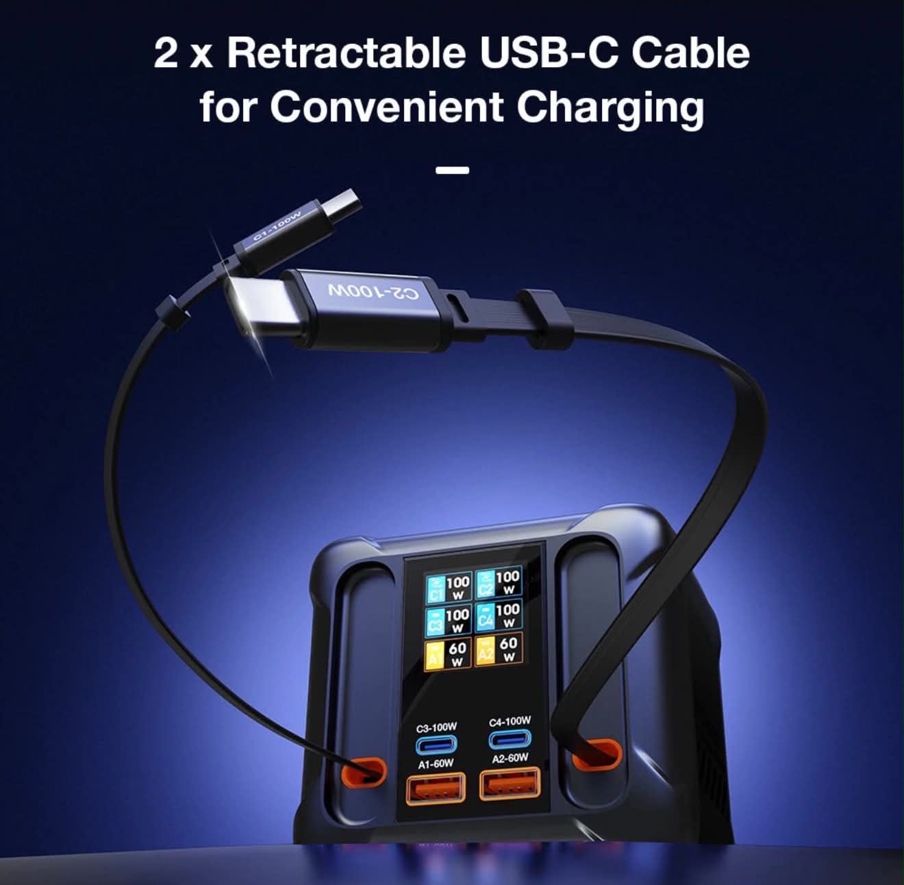 300W GaN USB Desktop Charger Station W/Retractable Cable