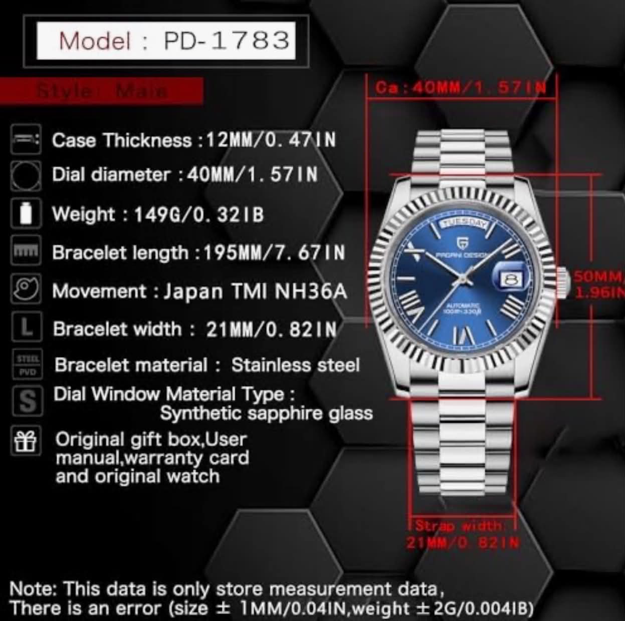 Pagani Design PD-1783 Men Automatic Luxury Watch W/Date Day Display