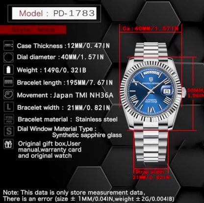 Pagani Design PD-1783 Men Automatic Luxury Watch W/Date Day Display