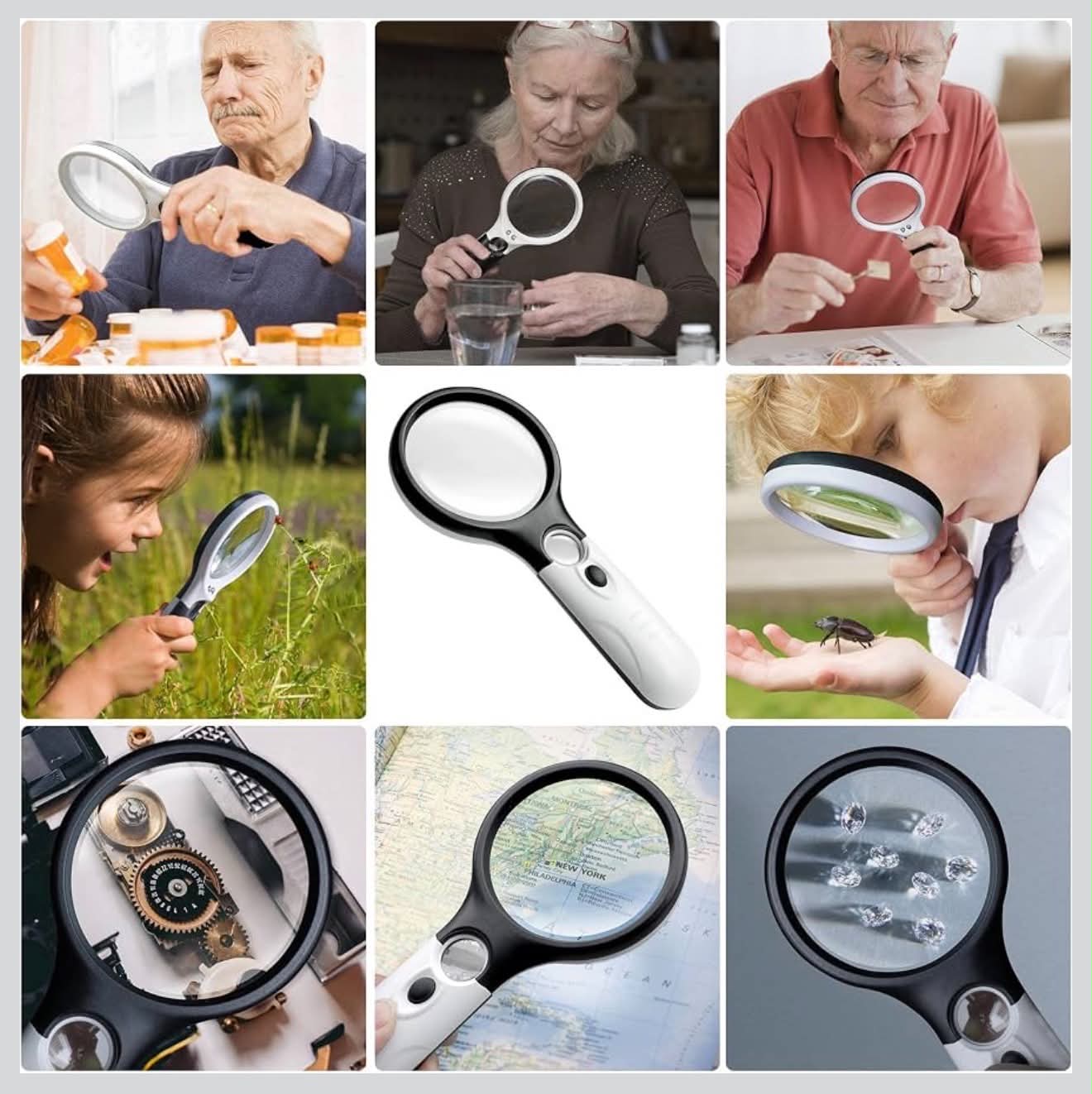 Handheld Magnifying Glass Dual Lens 3X & 45X W/3 LED Lights