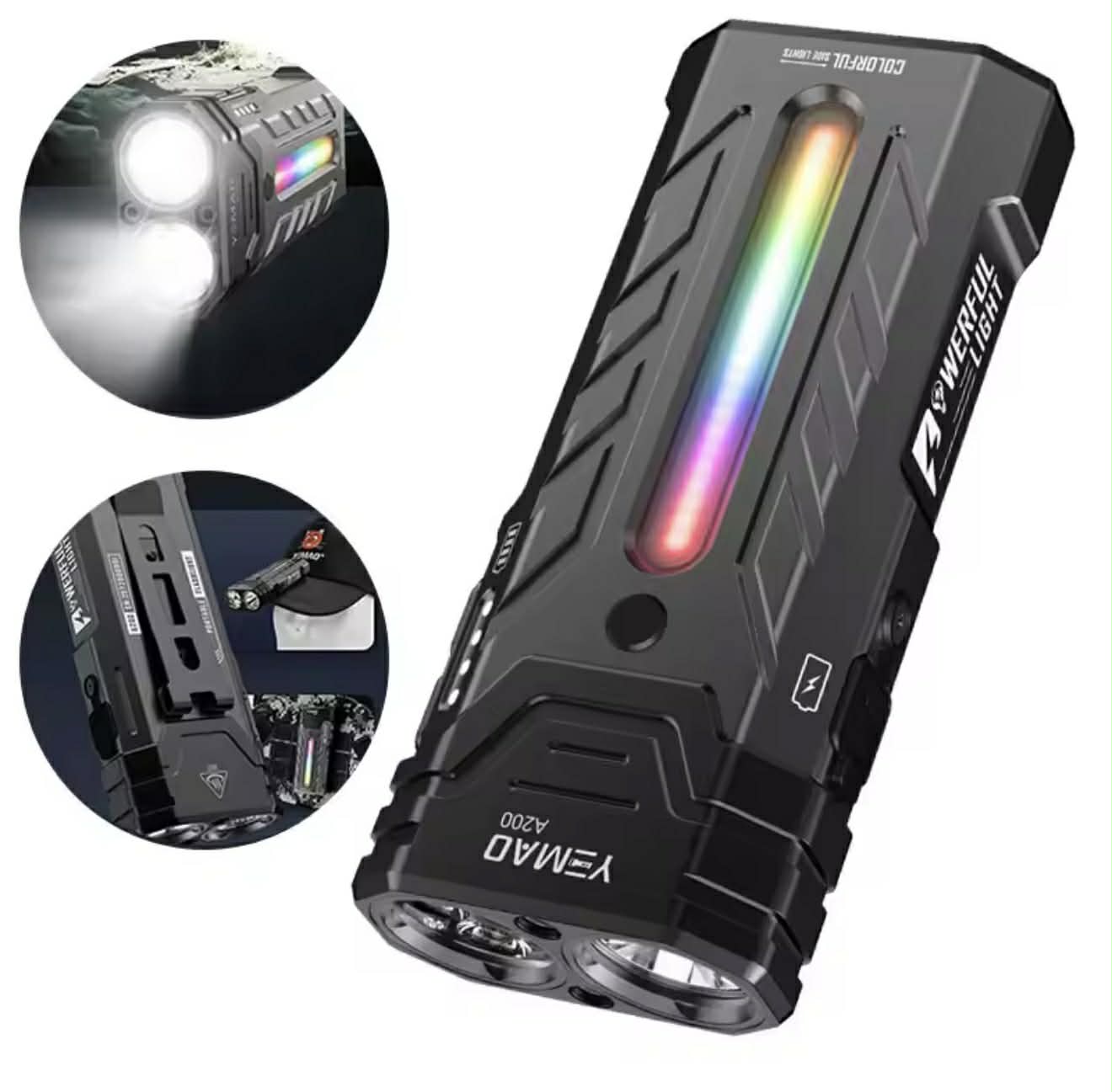 YEMAO A200 Powerful Long-Range EDC Flashlight W/Atmosphere Light, Magnet & Clip