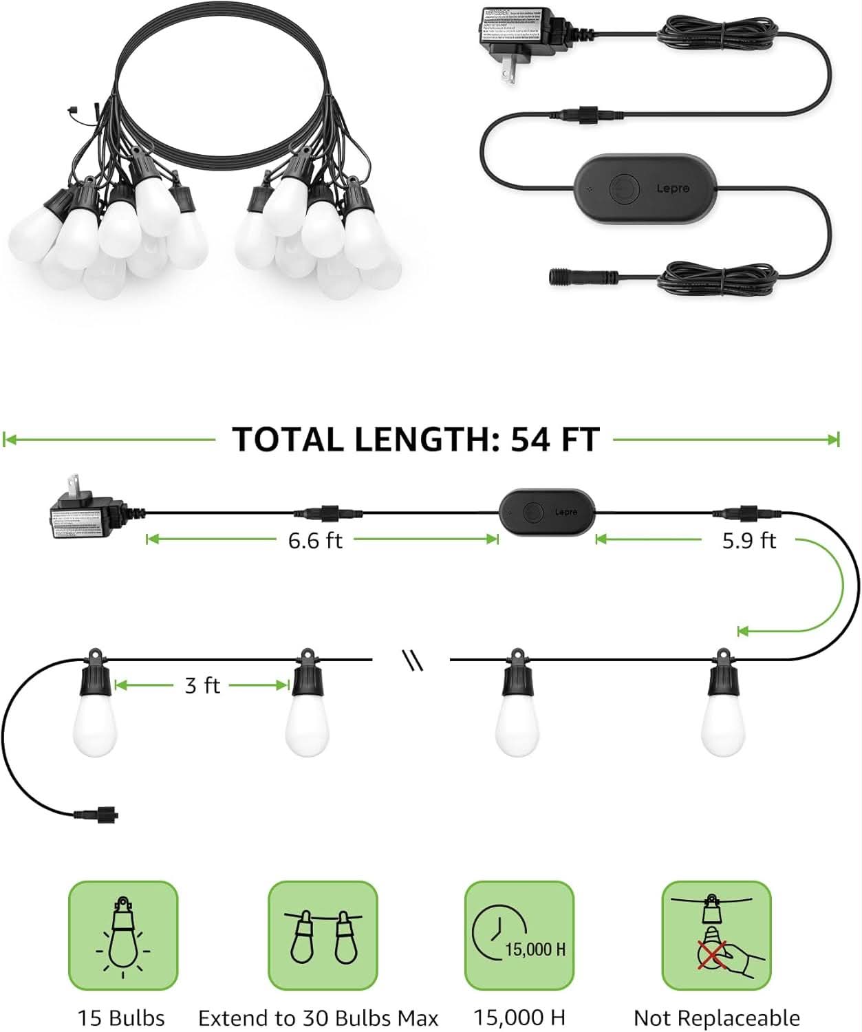 Lepro ZB1 AI Smart Outdoor String Lights W/APP | 15M