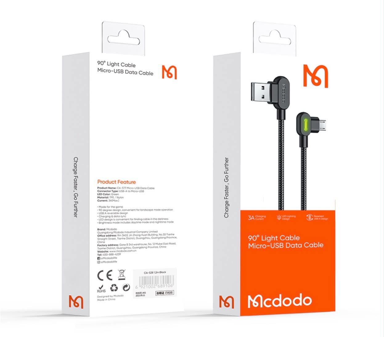 2PK Mcdodo CA-5772 USB A to Micro-USB 90° Charging & Data Transfer Cable W/Lights