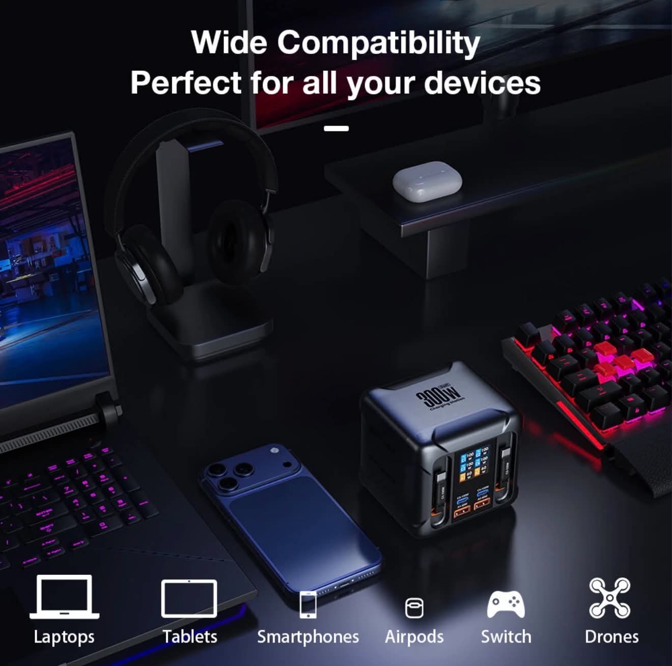 300W GaN USB Desktop Charger Station W/Retractable Cable