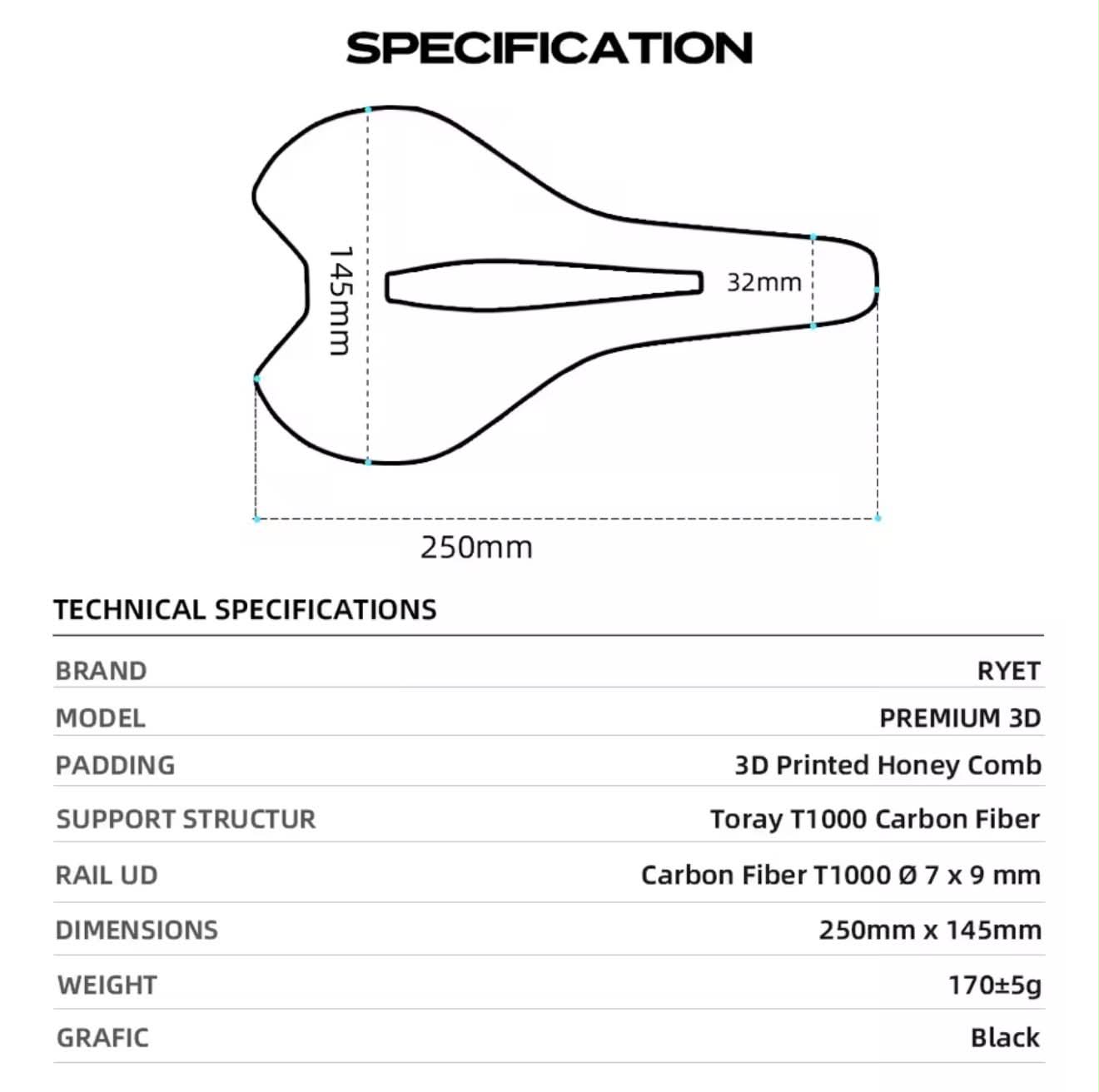 RYET Carbon PREMIUM 3D-Printed Honeycomb Bicycle Saddle | SD-T60-3D