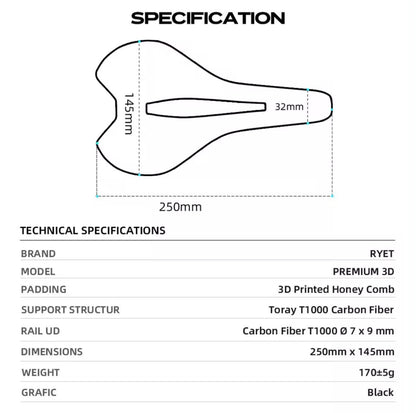 RYET Carbon PREMIUM 3D-Printed Honeycomb Bicycle Saddle | SD-T60-3D