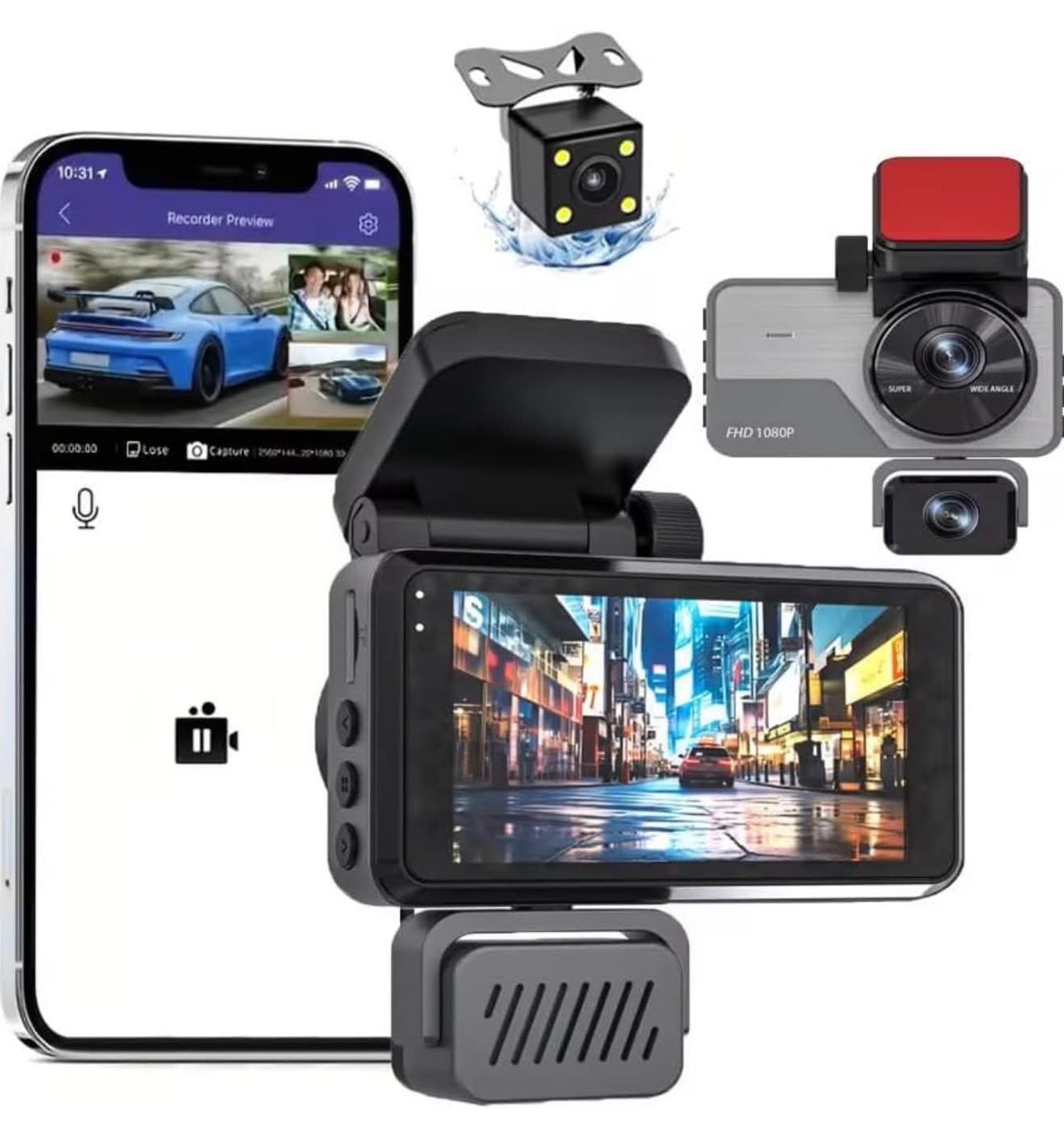 3 Cameras Dash Camera FHD Night Vision W/Display & APP
