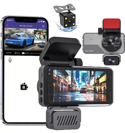 3 Cameras Dash Camera FHD Night Vision W/Display & APP