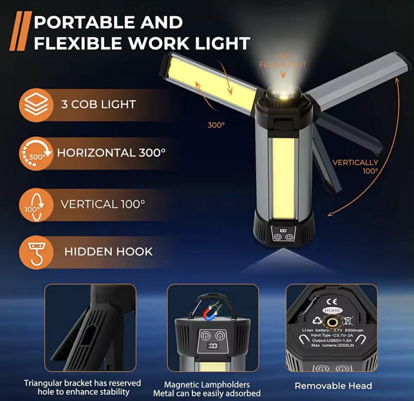 Floodlight P50+3*COB Mag Tail W/Telescopic Tripod | G13