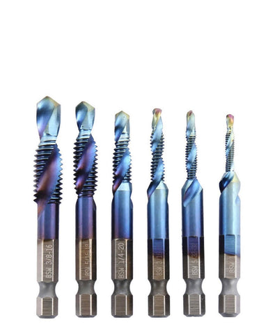 6PCS 1/4" Composite Hex Shank Titanium HSS Imperial Thread Tap Drill Bits Set