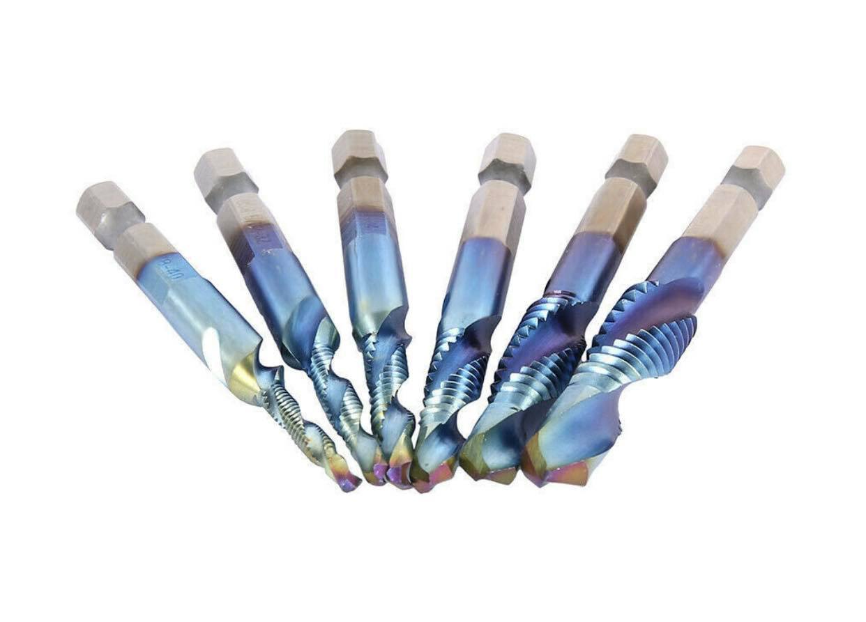 6PCS 1/4" Composite Hex Shank Titanium HSS Imperial Thread Tap Drill Bits Set