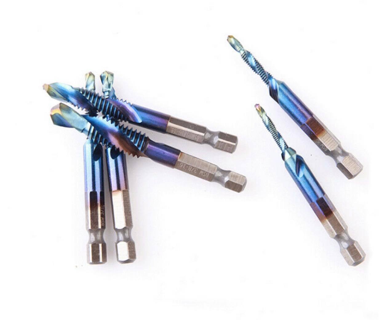 6PCS 1/4" Composite Hex Shank Titanium HSS Imperial Thread Tap Drill Bits Set