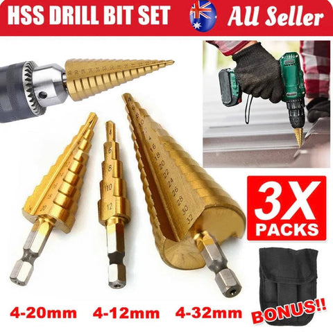 3pcs/Set HSS Straight Groove Step Drill Bit | Wood Metal Hole Cutter Drilling Tool Kit