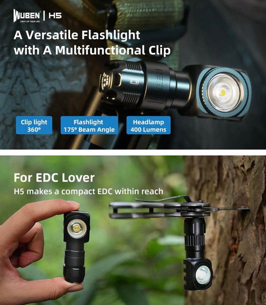 WUBEN H5 360° Rotation Shaft Multifunctional Clip Flashlight Headlamp