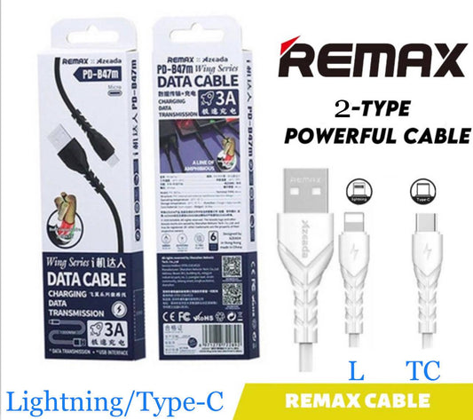 REMAX x AZEADA Wing Series 3A Charging + Data Cable | Type-C / Lightning | PD-B47