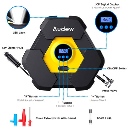 Audew 120W 12V Portable Digital Air Compressor Pump W/LED Lights | CZK-3603