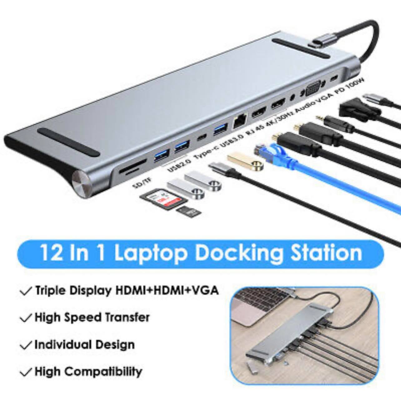12 in 1 Type-C Laptop Docking Station HUB HDMI HD 4K USB 3.0 VGA PD SD /TF