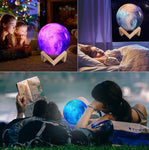 3D Moon Lamp Galaxy Printed Rechargeable W/Remote & Touch Control | Wooden Base