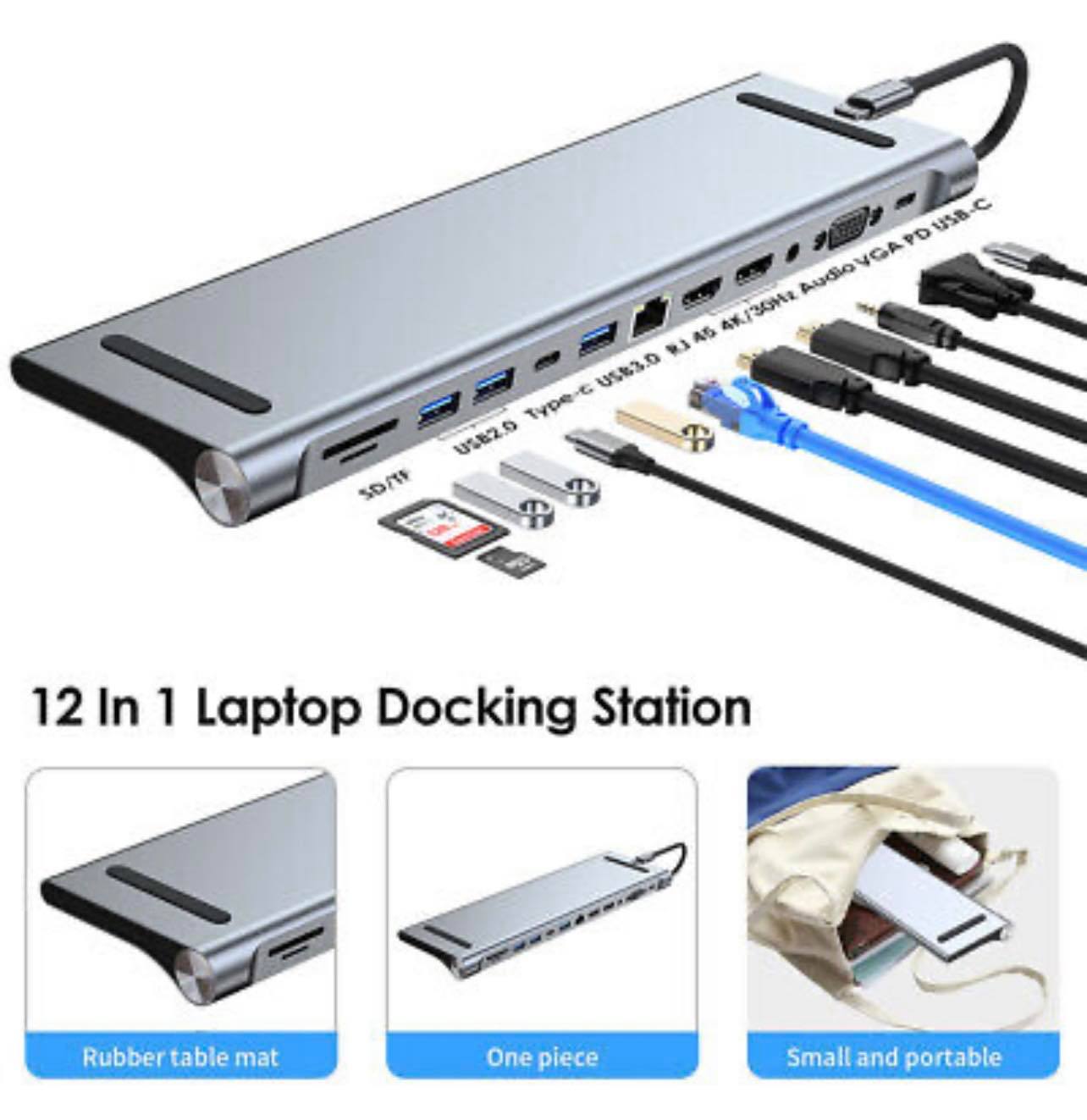 12 in 1 Type-C Laptop Docking Station HUB HDMI HD 4K USB 3.0 VGA PD SD /TF