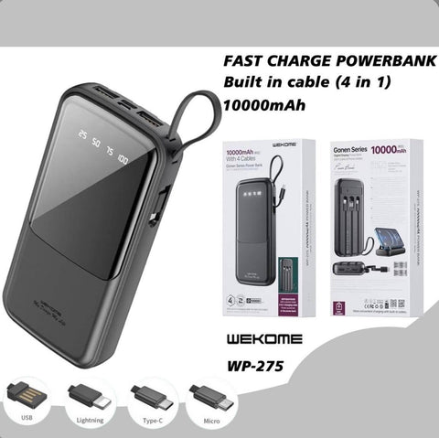 WEKOME Gonen Series 10,000mAh Power Bank W/4in1 Cables + 2 USB