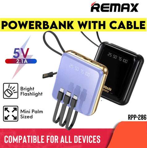 REMAX Janker Series 10,000 Mini Cabled Powerbank W/Flashlight | Black | RPP-286