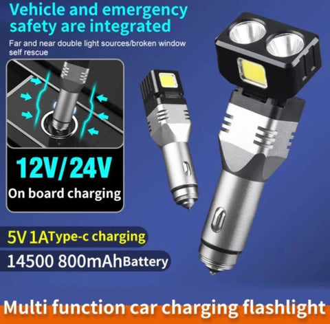 12V-24V Car Charger W/XPG+COB LED Flashlight & Emergency Glass Breaker | 2 Styles