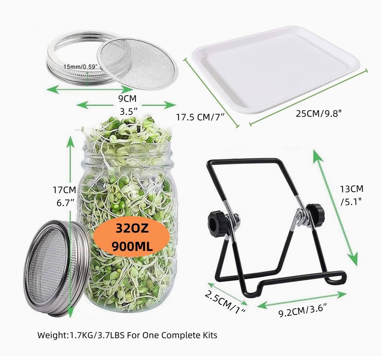 Sprouting Seeds Jar Kit-2Pack 900ml Mason Jar W/Stainless Steel lids, Stand & Tray