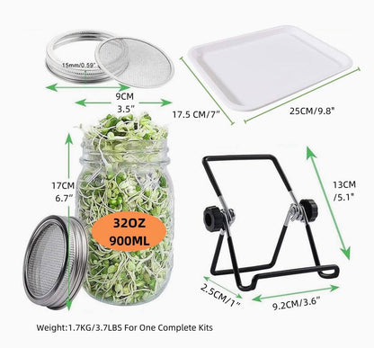 Sprouting Seeds Jar Kit-2Pack 900ml Mason Jar W/Stainless Steel lids, Stand & Tray