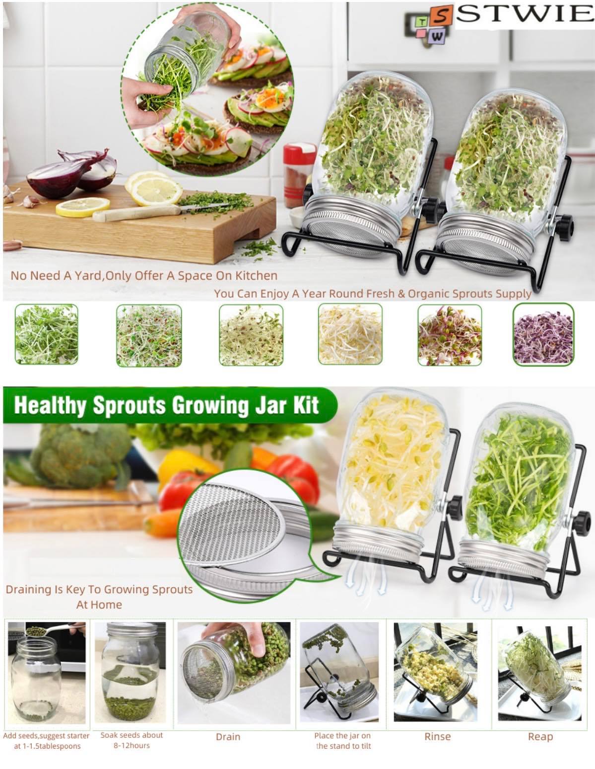 Sprouting Seeds Jar Kit-2Pack 900ml Mason Jar W/Stainless Steel lids, Stand & Tray