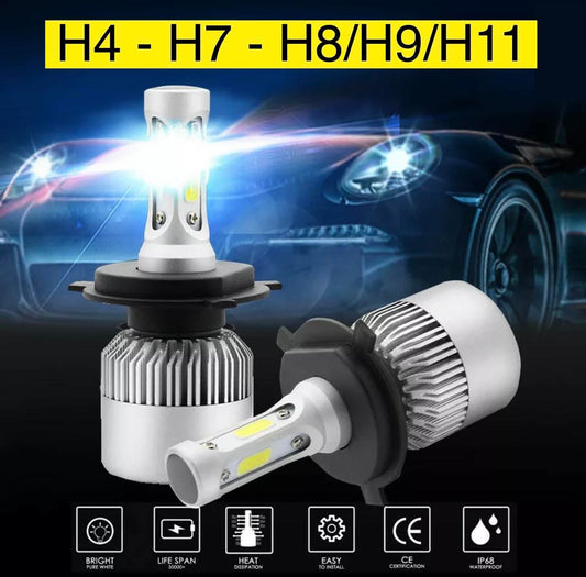 Pair Car COB LED Headlights Bulbs Globes W/Fan | H4-H7-H8/H9/H11