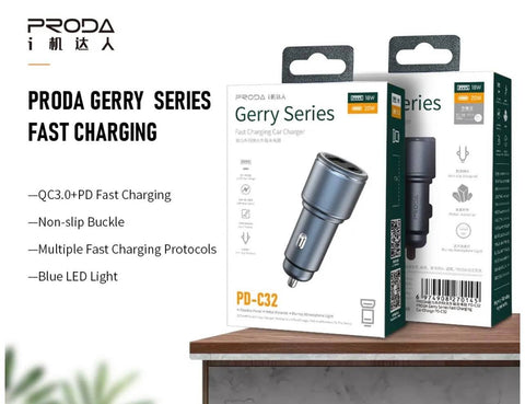 PRODA 20W Fast Car Charger Gerry Series QC3+PD (USB+Type-C) | PD-C32