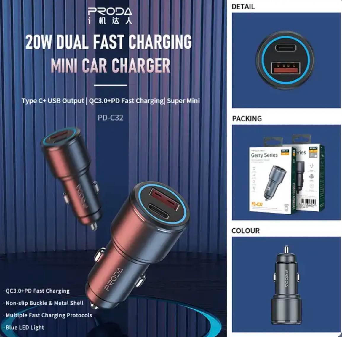 PRODA 20W Fast Car Charger Gerry Series QC3+PD (USB+Type-C) | PD-C32