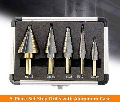 5-Piece HSS Cobalt Multiple Hole 50 Sizes Step Drill Bits Set W/Aluminum Case