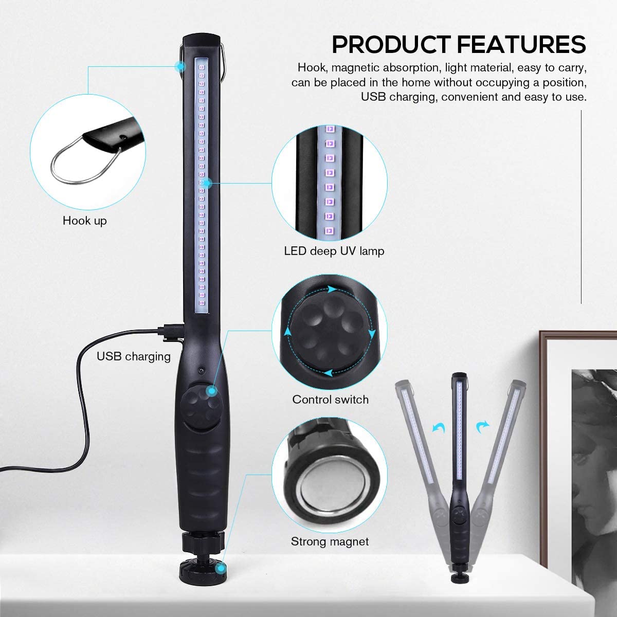 Swivel (UV) UltraViolet Lamp Wand With Magnetic Base - Rechargeable