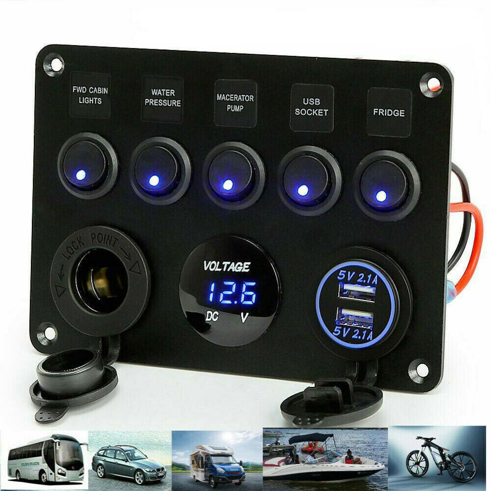5 Gang Switch Panel With 12-24V Socket, Dual USB Ports and Voltage Meter