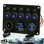 5 Gang Switch Panel With 12-24V Socket, Dual USB Ports and Voltage Meter