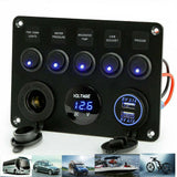 5 Gang Switch Panel With 12-24V Socket, Dual USB Ports and Voltage Meter