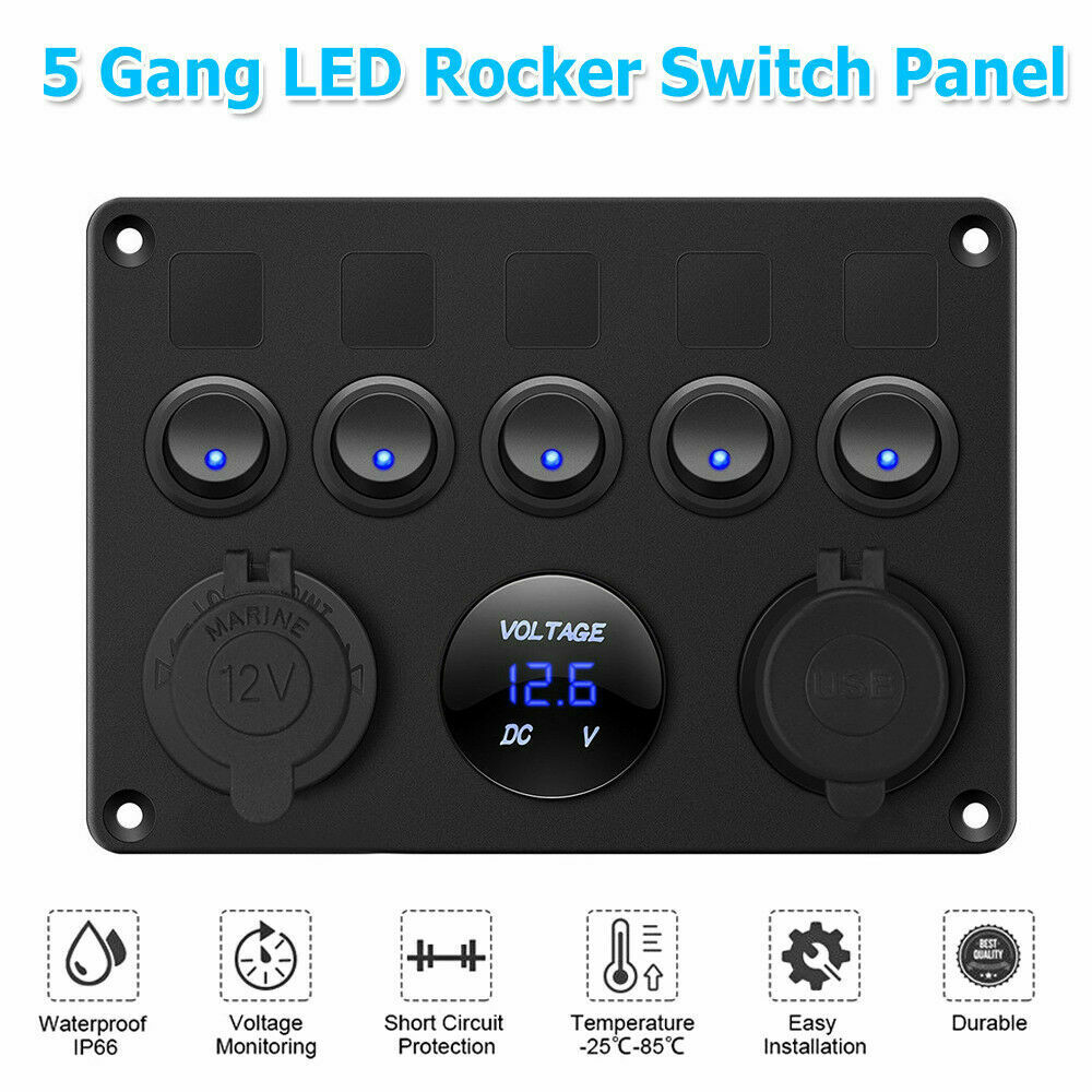 5 Gang Switch Panel With 12-24V Socket, Dual USB Ports and Voltage Meter