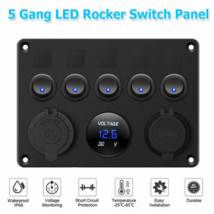 5 Gang Switch Panel With 12-24V Socket, Dual USB Ports and Voltage Meter