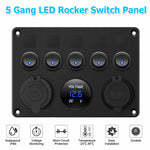 5 Gang Switch Panel With 12-24V Socket, Dual USB Ports and Voltage Meter