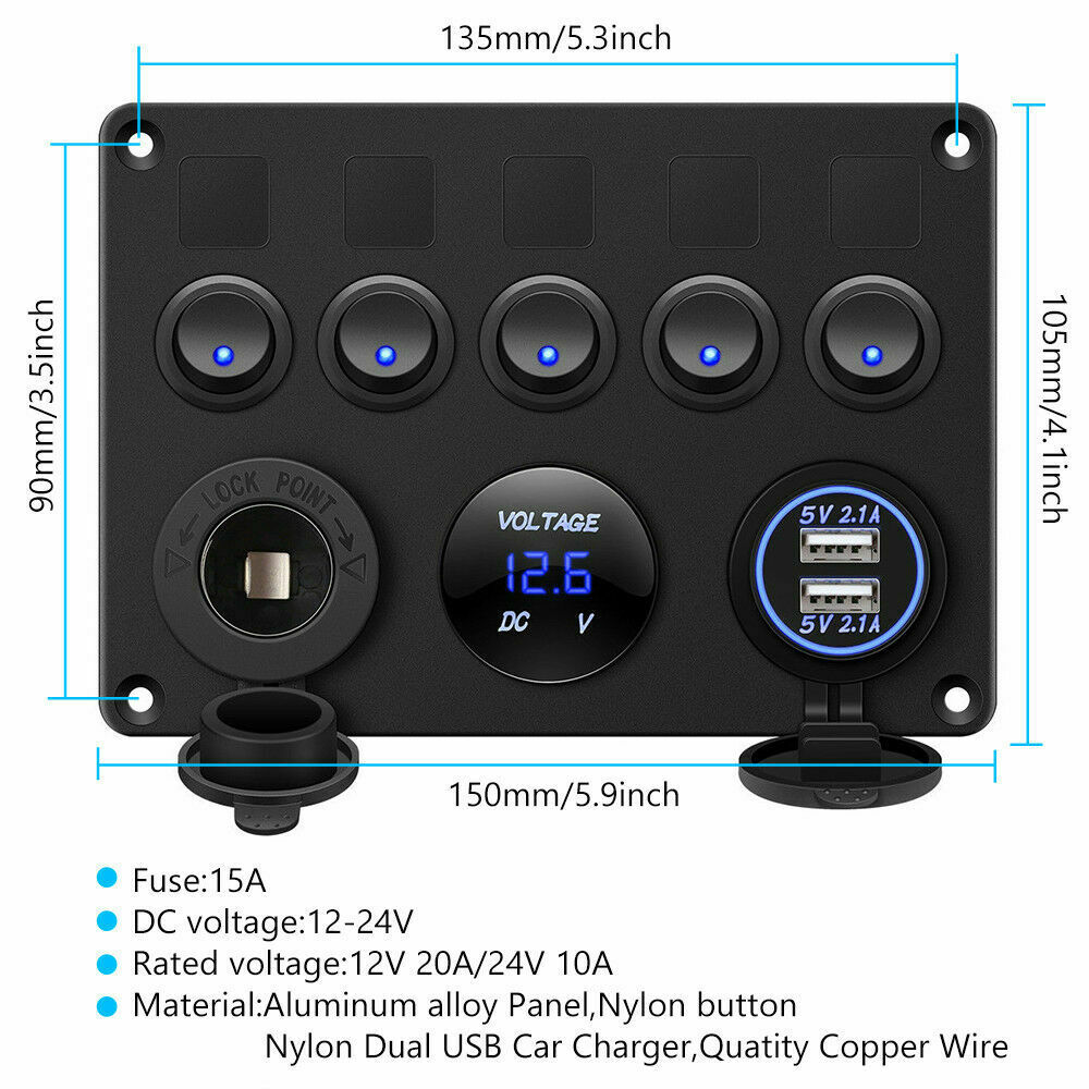 5 Gang Switch Panel With 12-24V Socket, Dual USB Ports and Voltage Met ...
