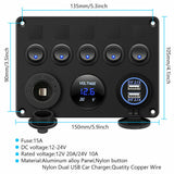 5 Gang Switch Panel With 12-24V Socket, Dual USB Ports and Voltage Meter