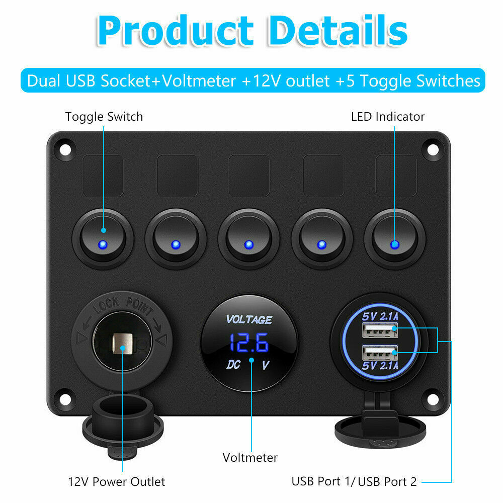 5 Gang Switch Panel With 12-24V Socket, Dual USB Ports and Voltage Meter