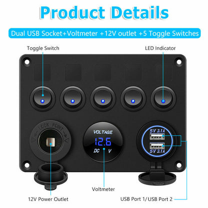 5 Gang Switch Panel With 12-24V Socket, Dual USB Ports and Voltage Meter