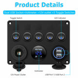 5 Gang Switch Panel With 12-24V Socket, Dual USB Ports and Voltage Meter