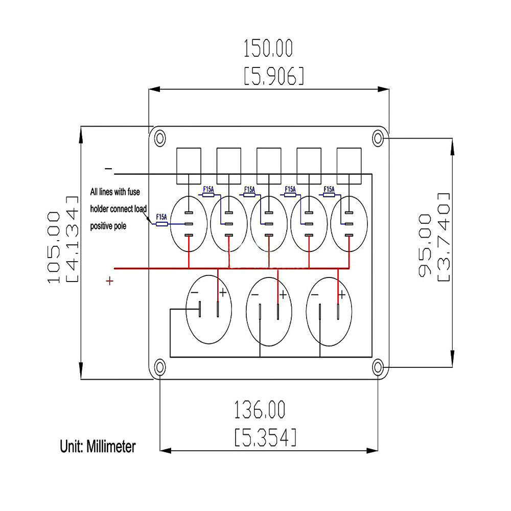5 Gang Switch Panel With 12-24V Socket, Dual USB Ports and Voltage Meter