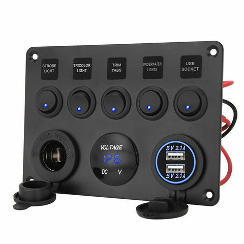 5 Gang Switch Panel With 12-24V Socket, Dual USB Ports and Voltage Meter
