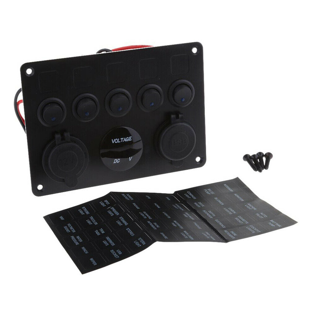 5 Gang Switch Panel With 12-24V Socket, Dual USB Ports and Voltage Meter
